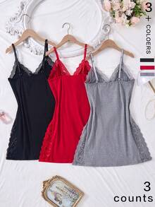 3pcs Solid Color Lace Patchwork Bow Decor Sleeveless Romantic Side Slit Camisole Nightgown - Multicolor - View 3