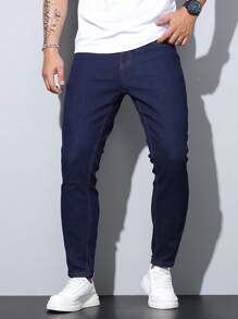 1 pieza Jeans de ajuste ceñido y elástico para hombres, pantalones casuales estilo coreano ajustados