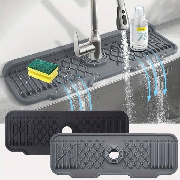 1pc Silicone Sink Splash Guard, Faucet Drip Catcher Tray & Drying Mat, Multi-Functional Kitchen & Bathroom Sink Accessories, Non-Slip Dish Soap & Sponge Holder, Splash Protector For Kitchen Counter, RV, Bar, Faucet Mat For Kitchen Sink, Faucet Splash Guard, Kitchen Sink Splash Guard