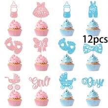 12pcs Glitter Gender Reveal Party Cupcake Decorations Toppers Blue And Pink Cake Toppers Cupcake Toppers Cake Topper, Bottle Foot Print Nipple Cupcake Toppers Cake Topper For BabyShower Party Decoration Supplies
