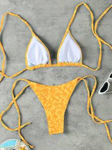 Polovedo官方女士性感碎花露背系带比基尼套装欧美风