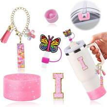 Juego de 6 accesorios para tazas de 30 y 40 oz, compatibles con la Copa , con dijes de letras para asa, funda de silicona, tapa de pajita y pegatina (Letra S) - Letra I - Ver 1