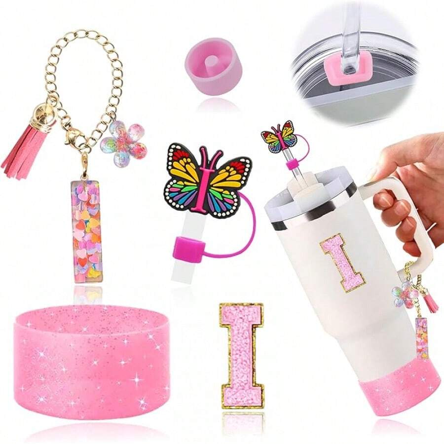 Juego de 6 accesorios para tazas de 30 y 40 oz, compatibles con la Copa , con dijes de letras para asa, funda de silicona, tapa de pajita y pegatina (Letra S) - Letra I - Ver 1