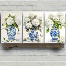 2Dflat, 3pcs, Hydrangea Floral Bouquet Canvas Prints - White Blooms In Blue And White Vases Wall Art, Framed Decor For Living Room And Bedroom, Elegant Light Luxury Artwork For Home And Office. It Is The Perfect Gift For Birthdays, New Year's, Valentine's Day, Mother's Day, Father's Day, Thanksgiving, Independence Day, Teacher Appreciation, Graduation, Carnival, Bachelorette Party, Anniversaries, Weddings, Halloween, Christmas, And Easter. Very Suitable For Room Decoration And Home Decor. Ready-To-Hang. - Multicolor - View 13