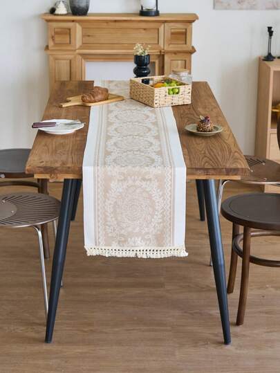 1pc Boho Style Table Runner, Beige Floral Embroidery, Homemade Kitchen Dining Decor, Rectangle With Tassels, Suitable For Holiday Parties, Birthday, Wedding, Home Decoration, Photo Backdrop