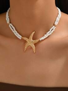 1 pieza Elegante collar de mujer de moda para verano con elementos marinos en estilo bohemio - Estrella de mar dorada, conchas de colores, caracol, pez dorado, caballito de mar, langosta roja, sirena. Cuentas de semillas, piedras, estrella de mar de cristal, incrustación de conchas y caracoles falsos de perla, cadena chapada en oro. Varios diseños encantadores de collares para fiestas de playa y vacaciones