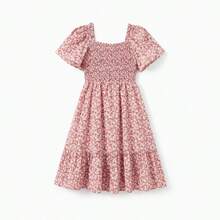 PatPat Family Matching Blue Cotton Colorblock Tee Shirt Or Flora Print Smocking Puff-Sleeve Dress Set - 粉色 - 查看 2