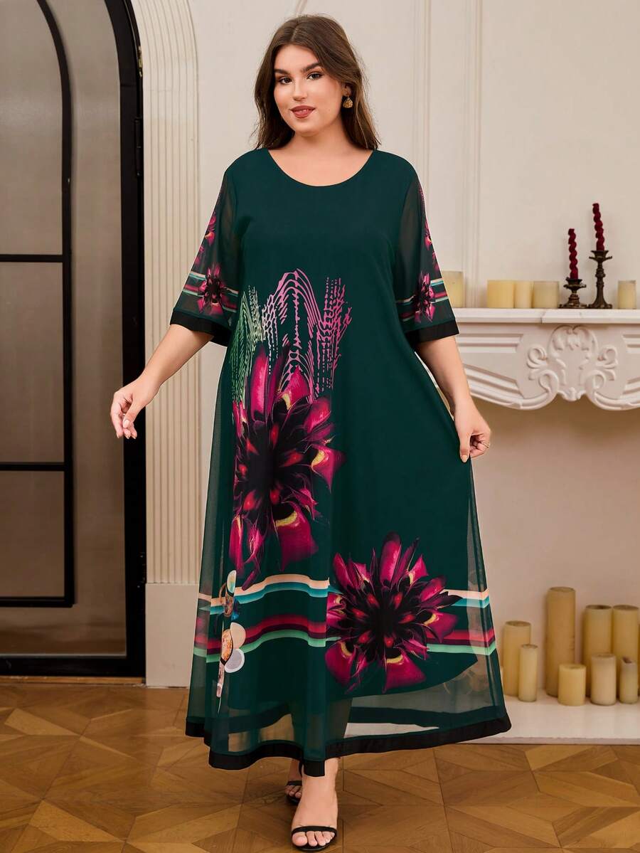 DEARCASE Vestido de talla grande con estampado gráfico y ribete contrastante