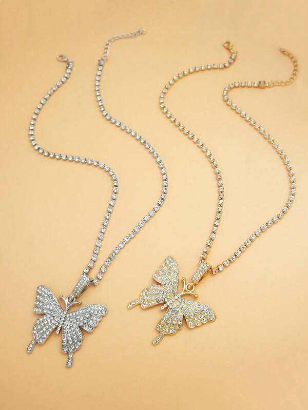 2pcs/Set Fashionable Personalized Hip Hop Butterfly Shaped Pendant Necklace With Full Rhinestone For Women, Christmas & Thanksgiving Gift