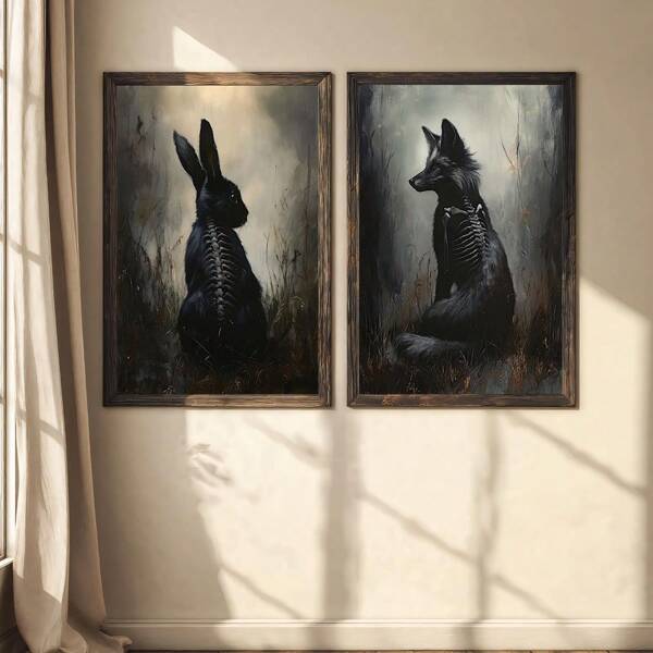1pc Vintage Gothic Forest Animals Art Poster, Halloween Rabbit Fox Art Canvas Painting, Waterproof Canvas Wall Arts, Artwork Wall Painting For Gift, Ornament For Living Room, Bedroom, Bathroom, Office, Hallway, Kitchen Decor, Room Decor, Home Decor Optinal Fram