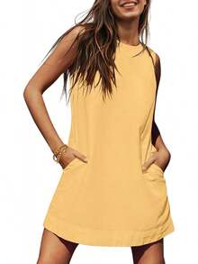 UEU Womens Summer Sleeveless Linen Dress Casual Crew Neck Open Back Short Sundress With Pockets - Purple - View 6