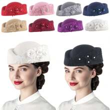 1pc Vintage European British Wool Felt Headdress Hat, Women's Church Derby Headpiece With Floral Decoration, Soft Beret Cap, High-End Stewardess Hat Suitable For Cosplay, Theme Party, Online Influencer Props