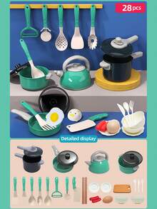 Toddler Small-Size Kitchen Toy Set, Girls Pretend Play Cooking Pots Pans Utensils, Babies Imitate Cutting Fruits Cookware - Green - View 8