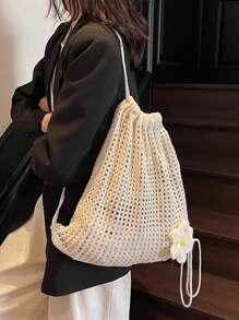 Woven Drawstring Backpack For Women, Simple & Fashion Handbag, Beige Crochet Sling Bag With Open Design, New Minimalist Hollow Knitted Drawstring Backpack, Bohemian Crochet Tote Bag - Stylish Summer Beach Shoulder Bag, Suitable For Casual Outings And Relaxation, Beach Bag For Beach And Casual Wear, Beach Essential, School Backpack