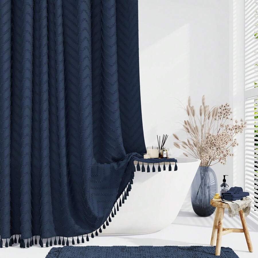 Extra Long Shower Curtains, 84 Inches Long Boho Tufted Striped Fabric Shower Curtains For Bathroom, Tall Minimalist Waterproof Cloth Shower Curtain Set With Hook, Navy Blue, 72x84 - 藏蓝色 - 查看 1