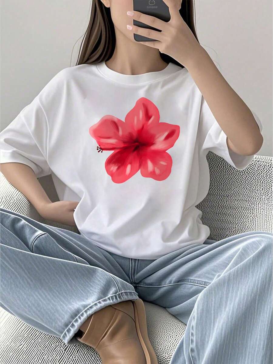 女童及青少年休闲印花白色圆领短袖T恤上衣，适合夏季 - 白色 - 查看 1