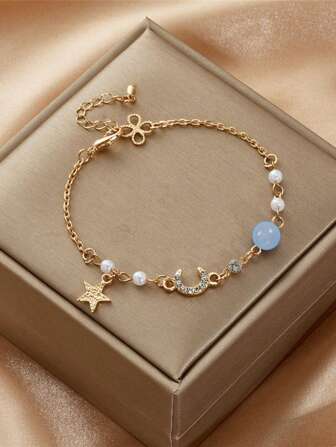 1 件青少年时尚 Ins 小众设计手链气质闺蜜风格日月星珍珠手链