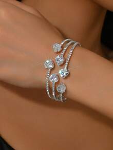 1pc Women's Elegant Gentle Rhinestone Cuff Bracelet, Suitable For Party And Formal Occasions - Silver 1052 - View 3