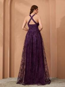 花卉蕾丝边细肩带透视刺绣A字开叉下摆晚礼服 - 紫色 - 查看 3