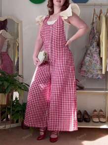 Women's Plaid Pattern Print Sleeveless Front Button Backless Spaghetti Strap Long Leg Wide Leg Casual Tube Jumpsuit, Summer