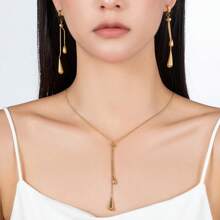 Conjunto de collar y aretes de gota de agua ajustable de acero inoxidable con borlas, conjunto de joyería de moda para mujeres, regalo para fiesta