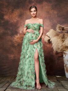 Faeriesty Dressalisa 优雅孕妇连衣裙，露肩设计，正面扭结花卉网纱装饰，高开衩下摆，适合春夏场合（婚礼宾客、正式晚宴、花园派对、孕妇写真、晚间活动） - 綠色 - 查看 1