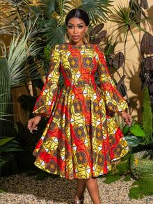 Faeriesty Ethereal Geometric Print Long Sleeve Midi Dress - Elegant Spring/Summer Style, Suitable For Garden Parties, Cultural Events, Vacations, And Transitions From Office To Brunch - Orange - View 8