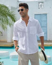 Men's Linen Shirts Casual Button Down Long Sleeve Shirt Solid Spread Collar Summer Beach Shirts With Pockethalloween - trắng - Xem 9
