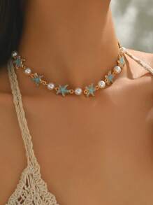 1 Stück Handgefertigte klassische Faux Perlen Romantische Seestern Dekor Halskette, modischer Ozean-Stil Schmuck geeignet für den täglichen Gebrauch, Strand, Urlaub und Date-Outfits von Frauen