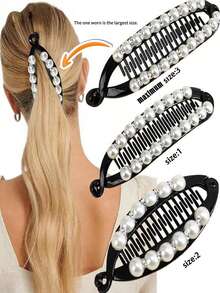 1 chiếc kẹp tóc hình quả chuối trang trí ngọc trai giả thanh lịch dành cho nữ, kẹp tóc hình quả chuối, kẹp tóc càng cua, kẹp tóc cài đầu, đồ dùng học tập, phụ kiện tóc ngọc trai, phụ kiện đội đầu - màu đen - Xem 2