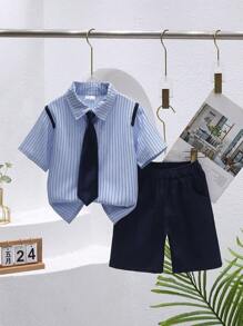 3pcs Boys Casual Set, Loose Fit Shirt, Shorts, Striped Shirt, Suitable For Toddlers, Party & Birthday, Summer Outfit