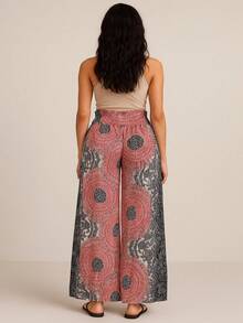 pantalón falda para mujer estilo hindú  Lunares    Elegante  Casual  Bohemio    Lino    Bolsillo  ABERTURAS - Rojo Coral - Ver 2