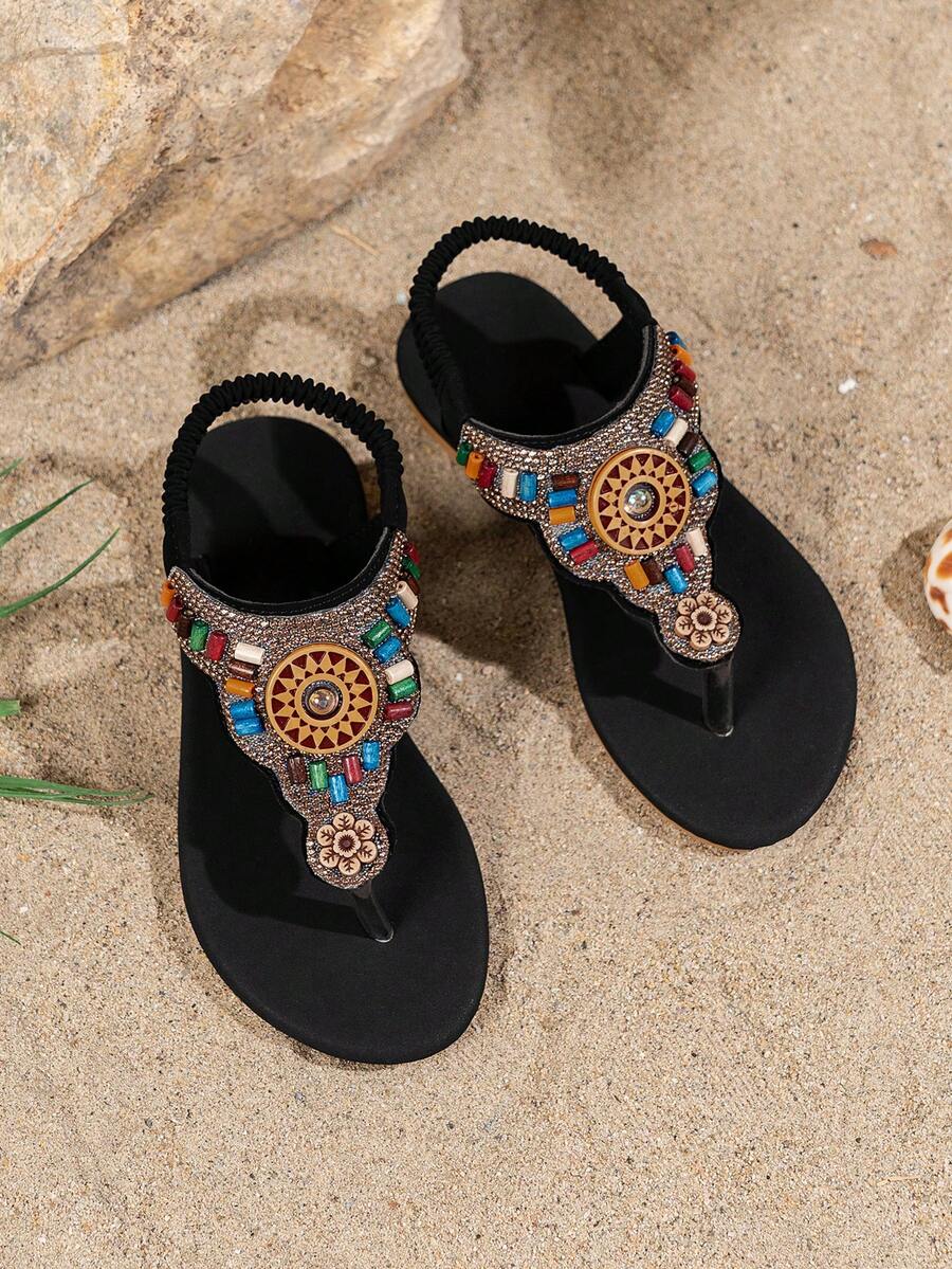 1 Pair Fashion Children's Rhinestone Sandals, Children's Beach Sandals, Bohemian Style, Handmade Rhinestone Sandals - Black - View 1