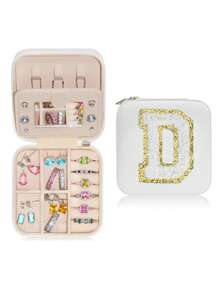 1pc Portable Travel Jewelry Box, Custom Lettered (A-Z) Organizer, Multi-Layer Jewelry Case With Mirror And Makeup Brush Holder, Suitable For Rings, Necklaces For Women Storage Organizer Travel Essentials Back To School Dormitory Storage