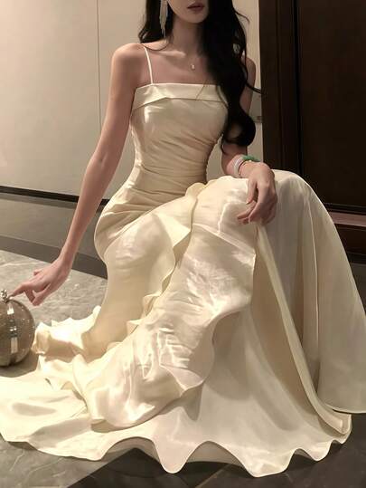 女士优雅复古杏色正式舞会礼服，适合正式场合，吊带修身连衣裙，适合生日、婚礼、返校舞会、海滩度假等派对春季穿着。
