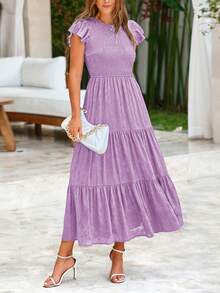Women's Summer Elegant Dress Floral Cap Sleeves Ruched Ruffles A-Line Long Flowy Boho Dress Cocktail Wedding Guest Gown Vacatio Vestidos Elegantes De Mujer Purple Dresses For Women - 淺紫色 - 查看 4