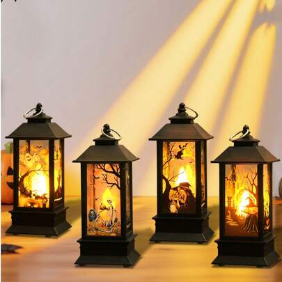 4 pezzi - Lanterne a vento quadrate portatili mini per Ognissanti, lanterne a candela portatili LED per Ognissanti, lampade a fiamma con motivi di sch