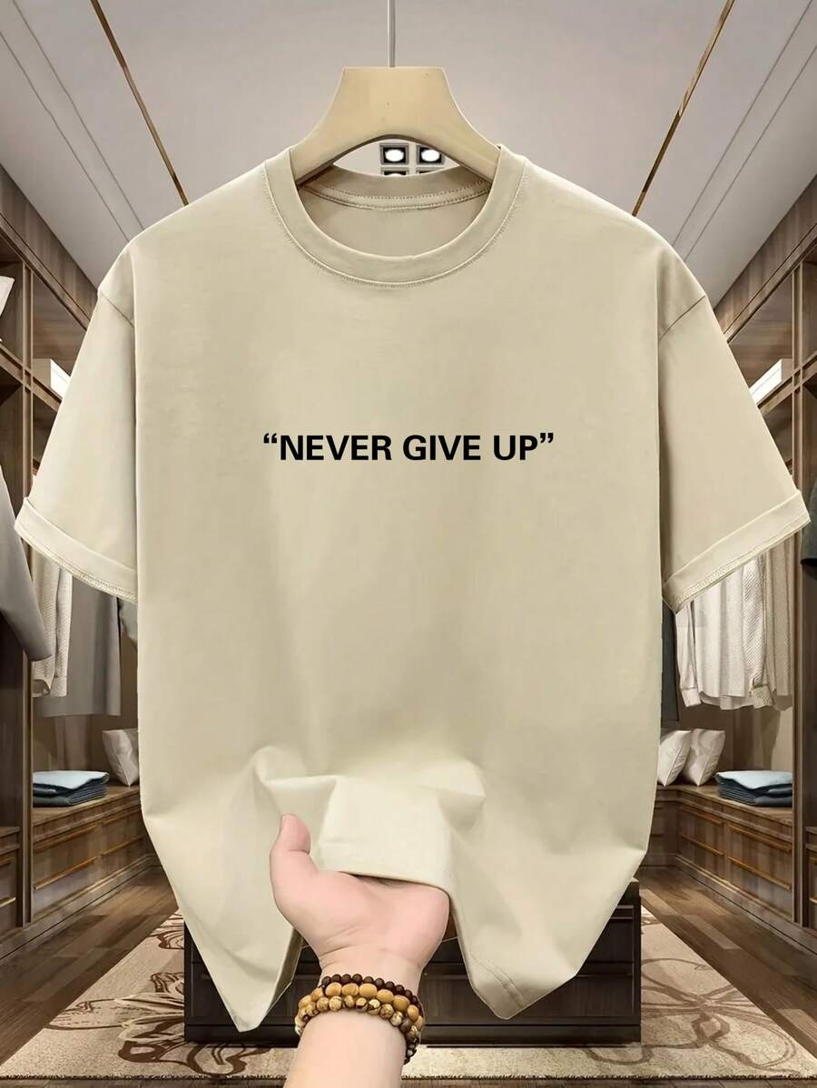 maglietta casual da uomo taglia oversize, girocollo, maniche corte, con grafica in inglese "NEVER GIVE UP" per l'estate - Albicocca - Visualizzare 1