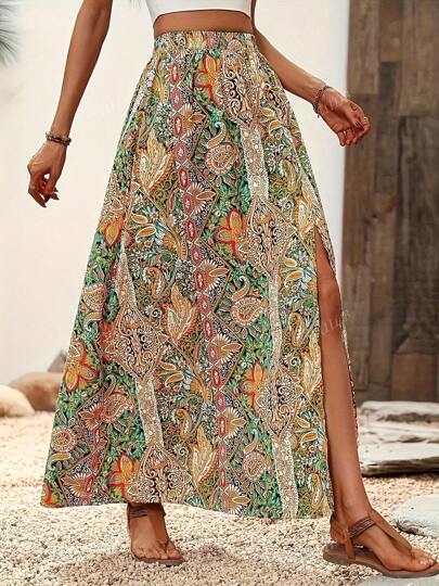 Plus Size Women Casual Cashew Print Split-Hem Midi Skirt, Spring/Summer