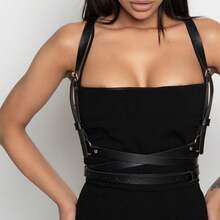 女式哥特式 PU 皮革可调节三重环绕链条腰带，适合万圣节派对角色扮演服装配饰 - 黑色 - 查看 1