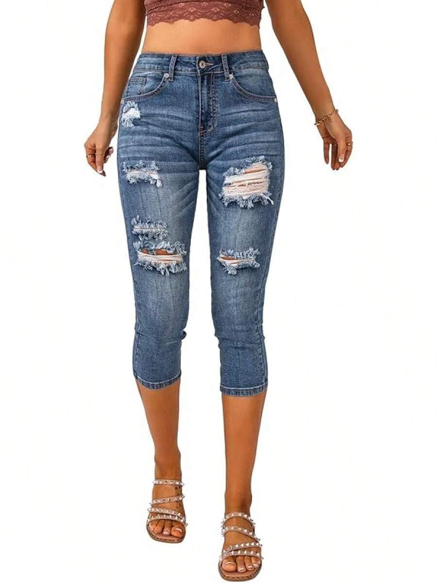 Vetinee High Waisted Skinny Slim Fit Capri Jeanshalloween - 復古靛藍 - 查看 1