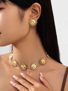 3 Pcs/Set Geometric Sunflower, Face Pendant Necklace & Earring Jewelry Set For Women, Fashion Daily Accessory & Gift