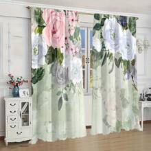 Cortina transparente com estampa floral, 2 peças, decoração com flores coloridas para sala de estar/quarto, adequada para todas as estações
