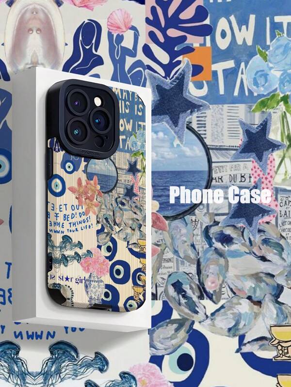 1 pièce Étui de téléphone adhésif doux avec un motif délicat de organisme marin bleu clair et rose, texture de faux classique verticale, antichoc, compatible avec Apple et 16/16 Plus/16 Pro/16 Pro Max
