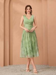 Mgiacyv Neck Printed Net Pull Cord High-End Evening Dress