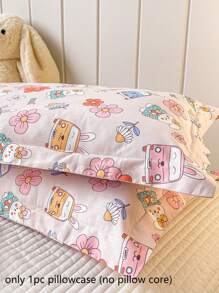 1pc Rabbit, Flower, Car Pattern Pillowcase, Cartoon Cute 100% Cotton Pink Pillowcase, Moisture Wicking Breathable Wide Envelope Pillowcase, (Without Inner), For Children & Teenagers, Suitable For All Seasons
