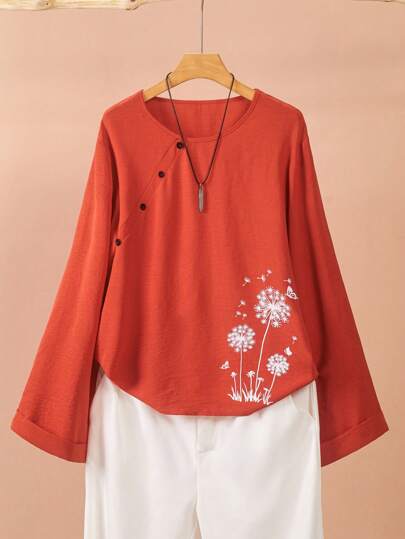 Women's Fashion Printed Asymmetrical Button Up Blouse