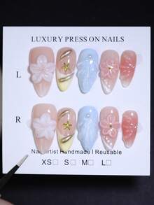 Multiple Color 3D Hand Carved Flowers Pattern 100% Handmade Press On Nails 10Pcs Almond French Style Nail Art Design Manual Nails With Star Water Ripple Nail Decoration Reusable False Nail Tips Diy Nail Products For Four Seasons Nail Supplies Nails - Multicolor - View 14