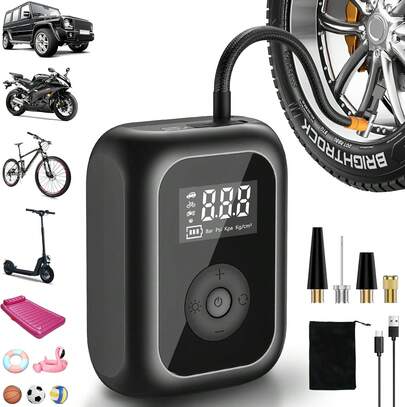 Elektrische Fahrradpumpe, 6000mAh Luftpumpe Mini Kompressor für Reifen 10,3 Bar Kabellose Tragbare Akku Luftpumpe mit Autostop 150 PSI Akku Luftpumpe für Auto, Fahrrad, Motorrad Bälle