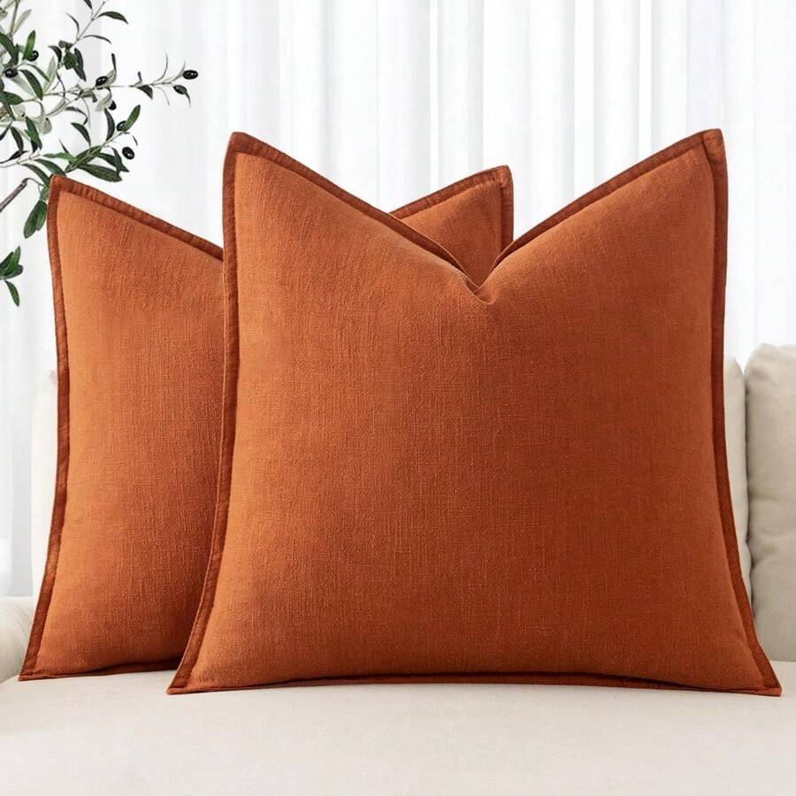 Local Delivery- Decorative Linen Pillow Covers 18x18 Inch Natural Beige Boho Farmhouse Neutral Couch Throw Pillows For Bed Pack Of 2 Accent Outdoor Pillowcase Modern Sofa Cushion Livingroom Home Decor - 亮橙色 - 查看 1